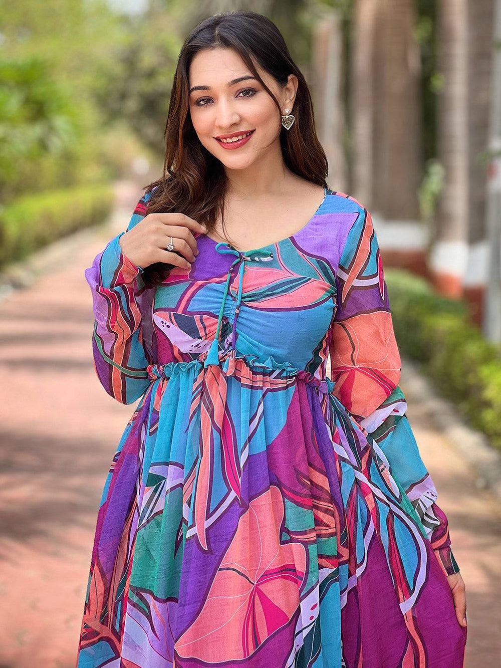 Close-up of Lust Lavender Abstract Print Dress front