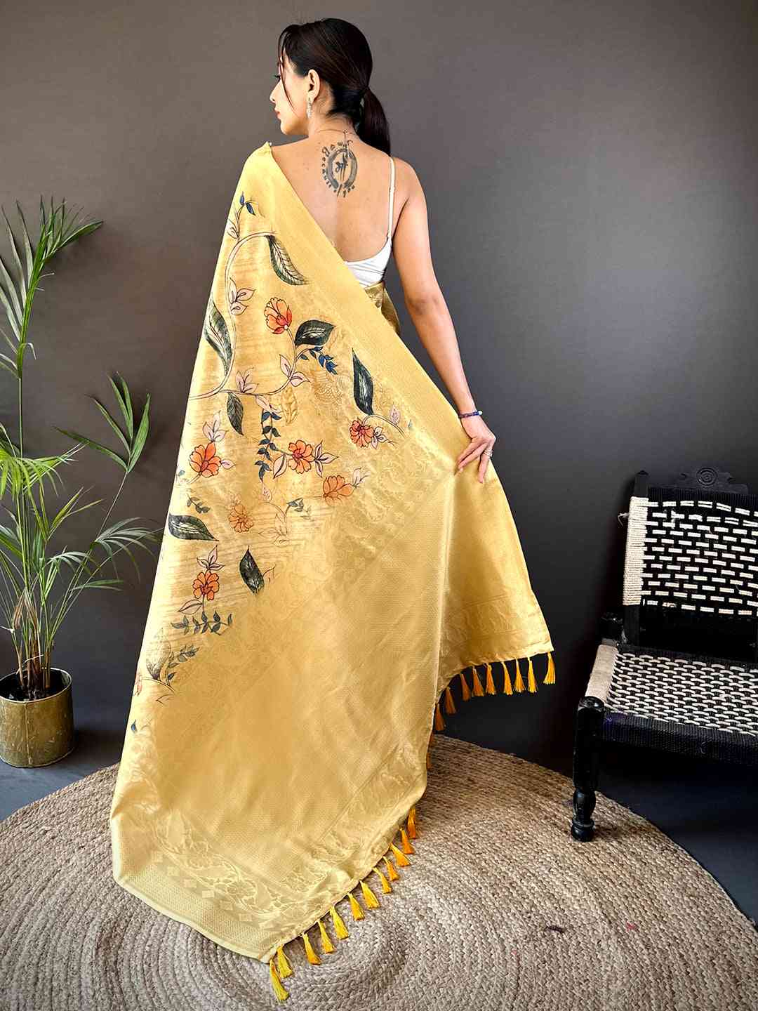Mustard Kanjivaram Digital Silk Saree