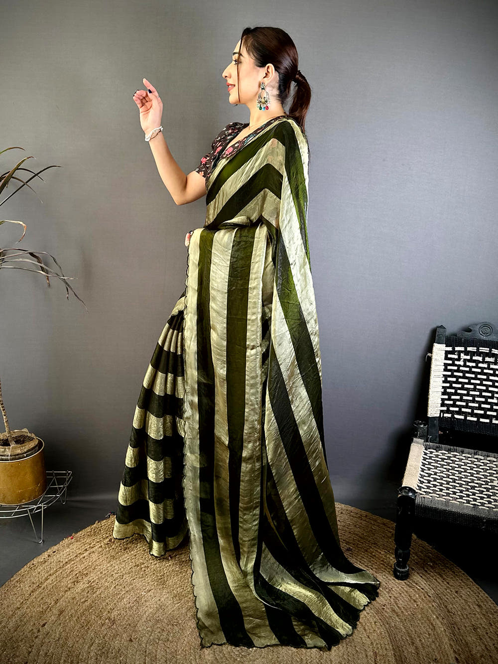 Opulent Shiny Silk Striped Print Saree