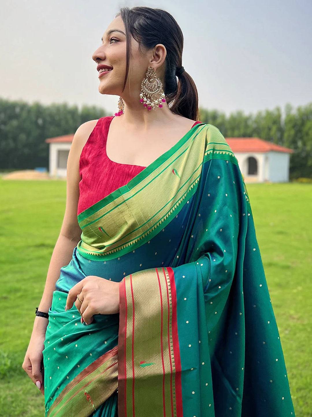 Paithani Teal Colour Saree With Ganga Jamuna Broder