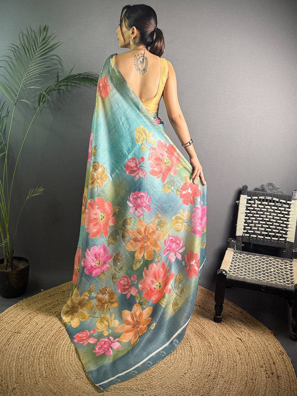 Teal Blue Linen Juth Digital Print Saree