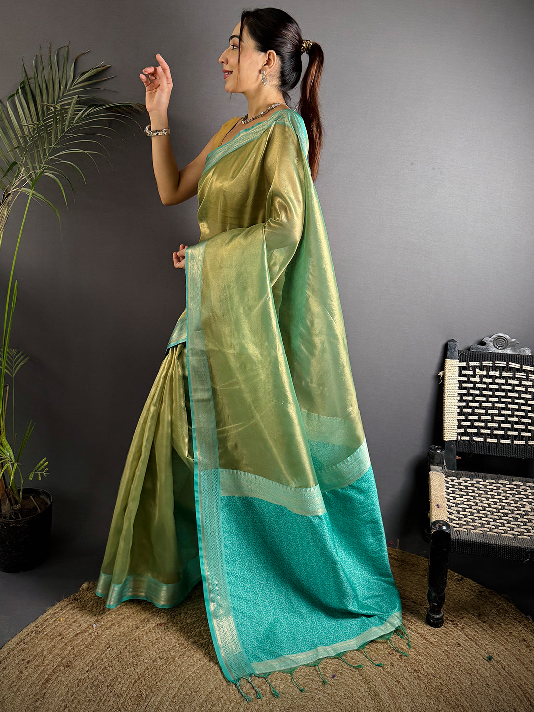 Radiant Sky Blue Gold Zari Tissue Saree