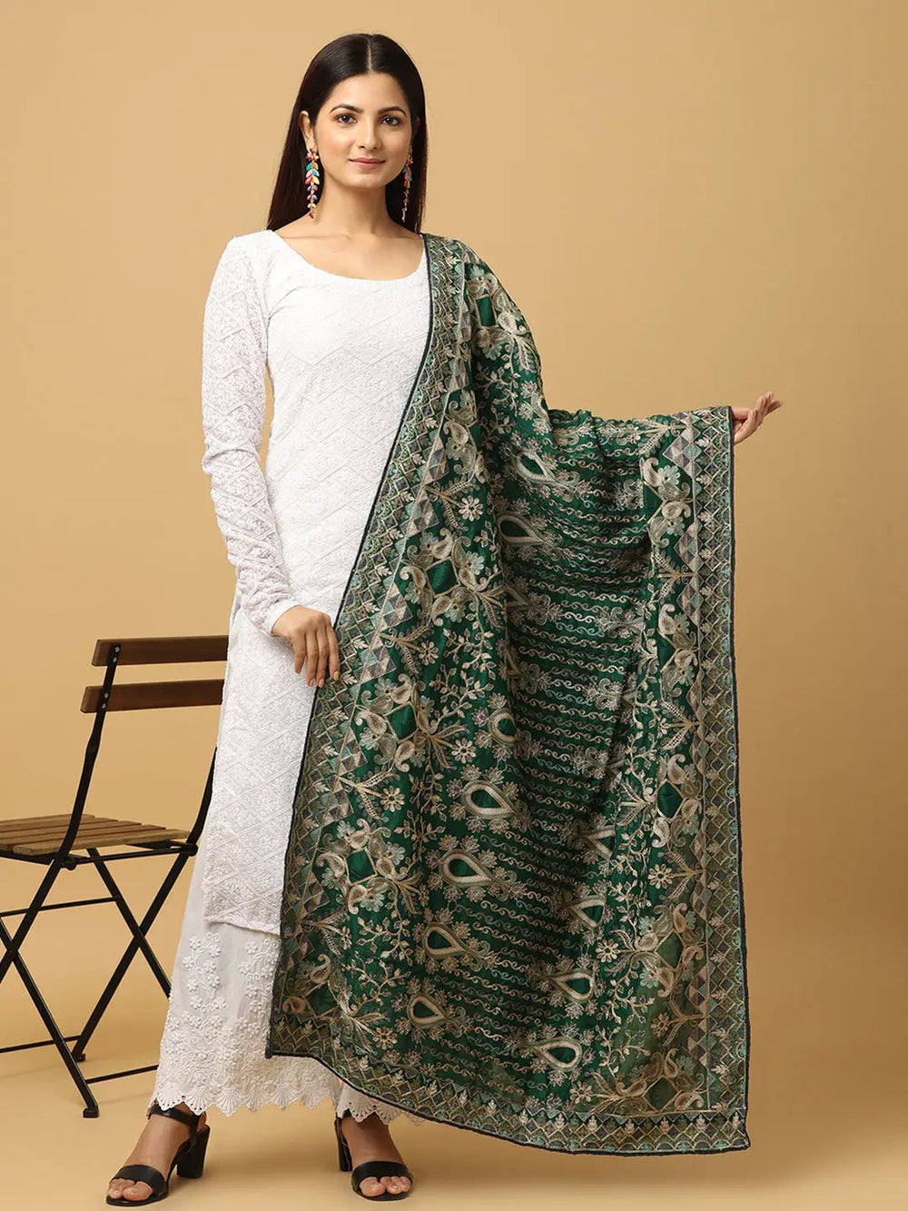 Stylish green poly chiffon pashmina dupatta with threadwork