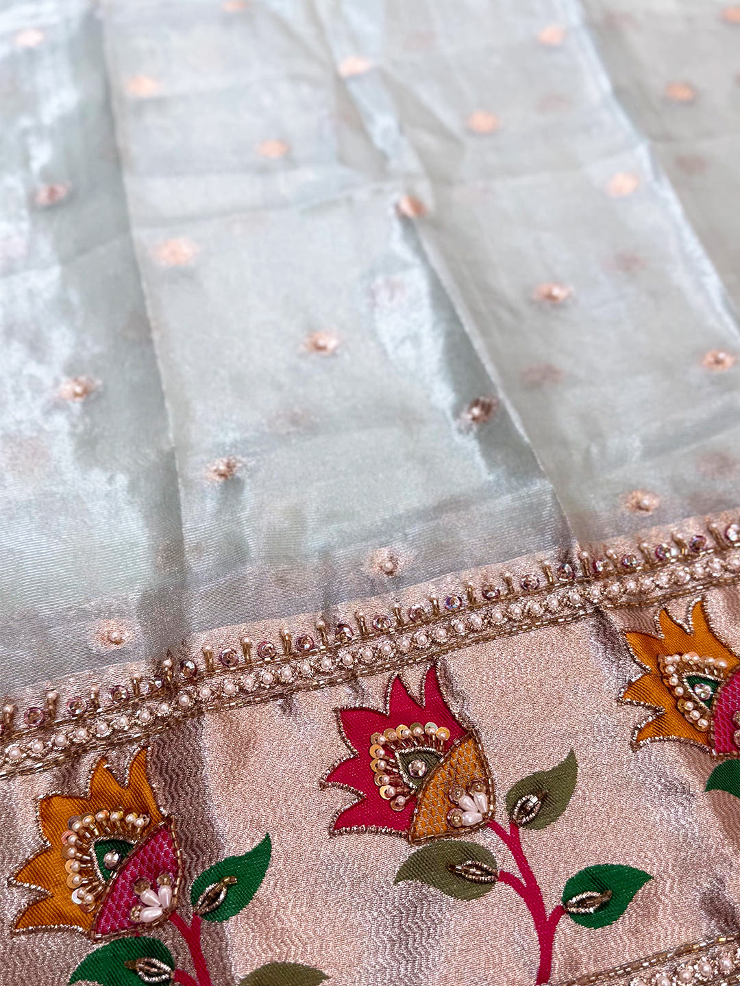 Mint Green Soft Organza Paithani Saree With Maggam Blouse