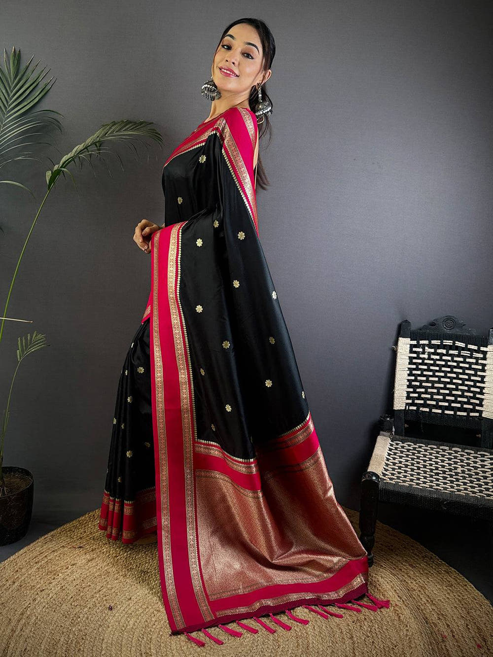 Raven Black Soft Silk Floral Butta Saree