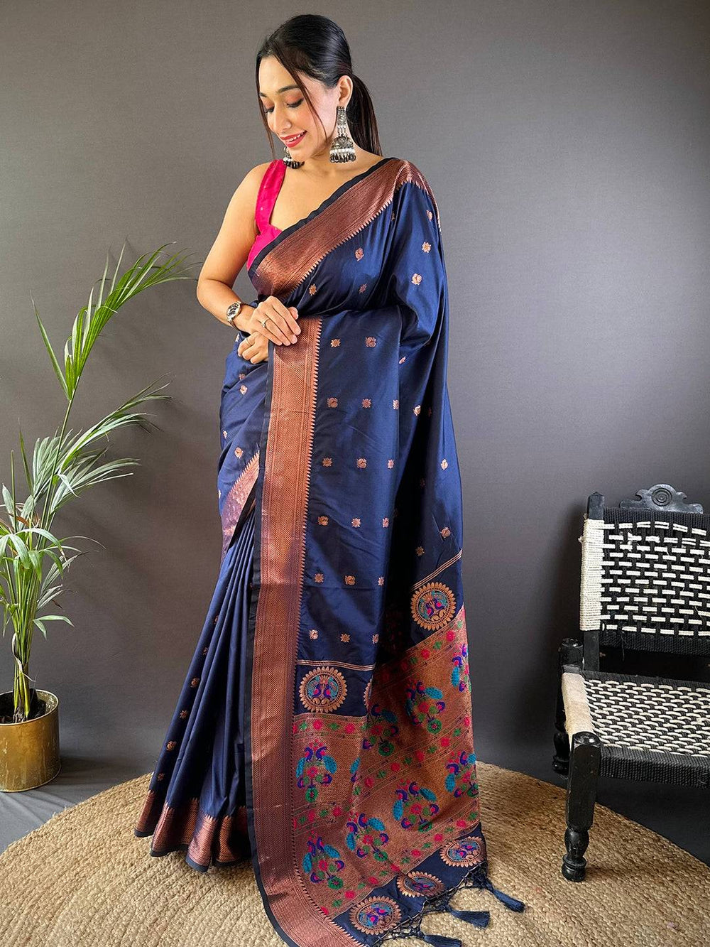 Navy Blue Copper Elegance Soft Silk Saree