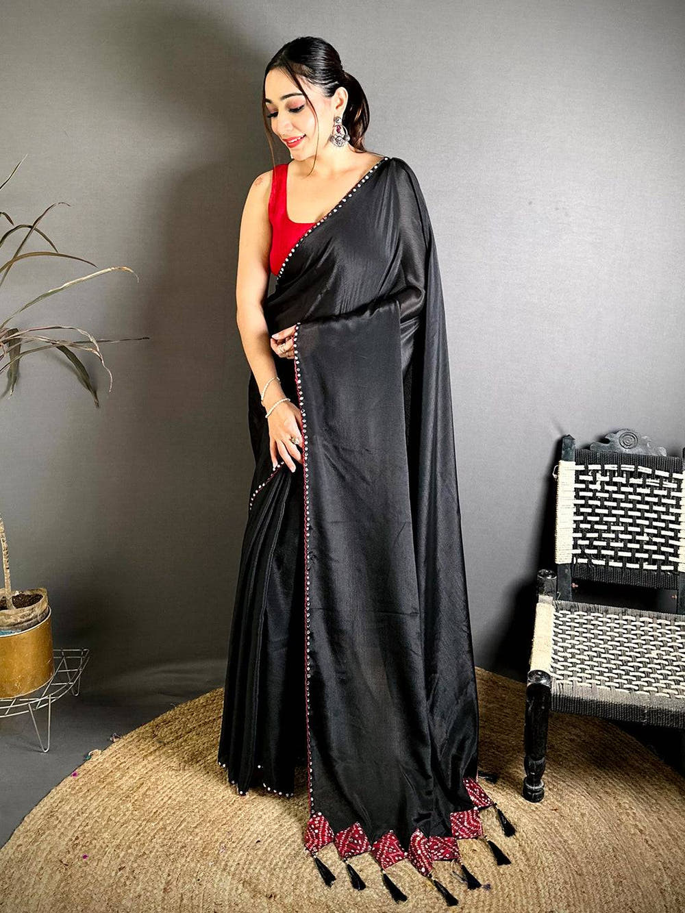 Black Vichitra Real Mirror Work Tassel Saree