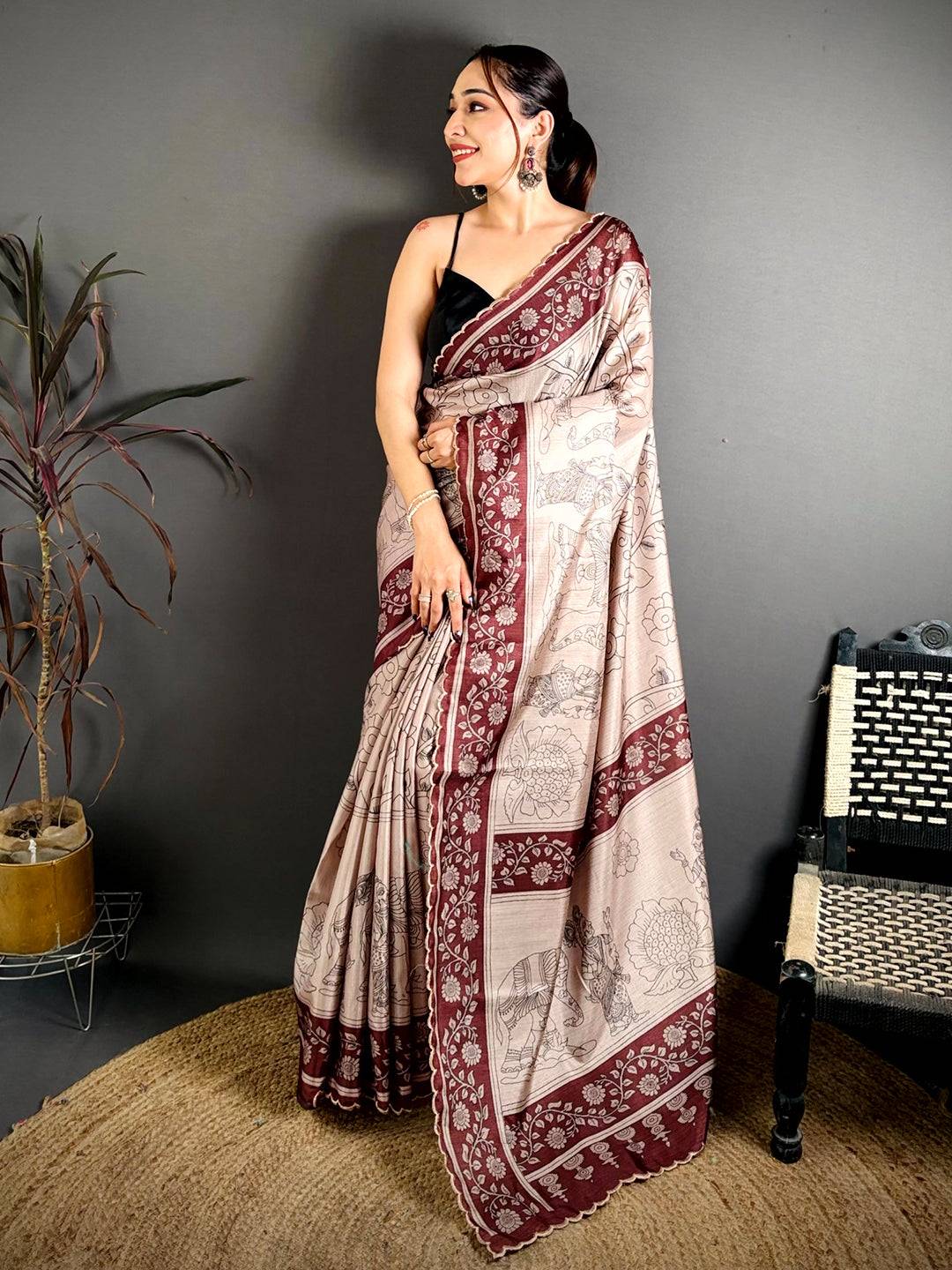 Heritage Pen Kalamkari Printed Tussar Saree

