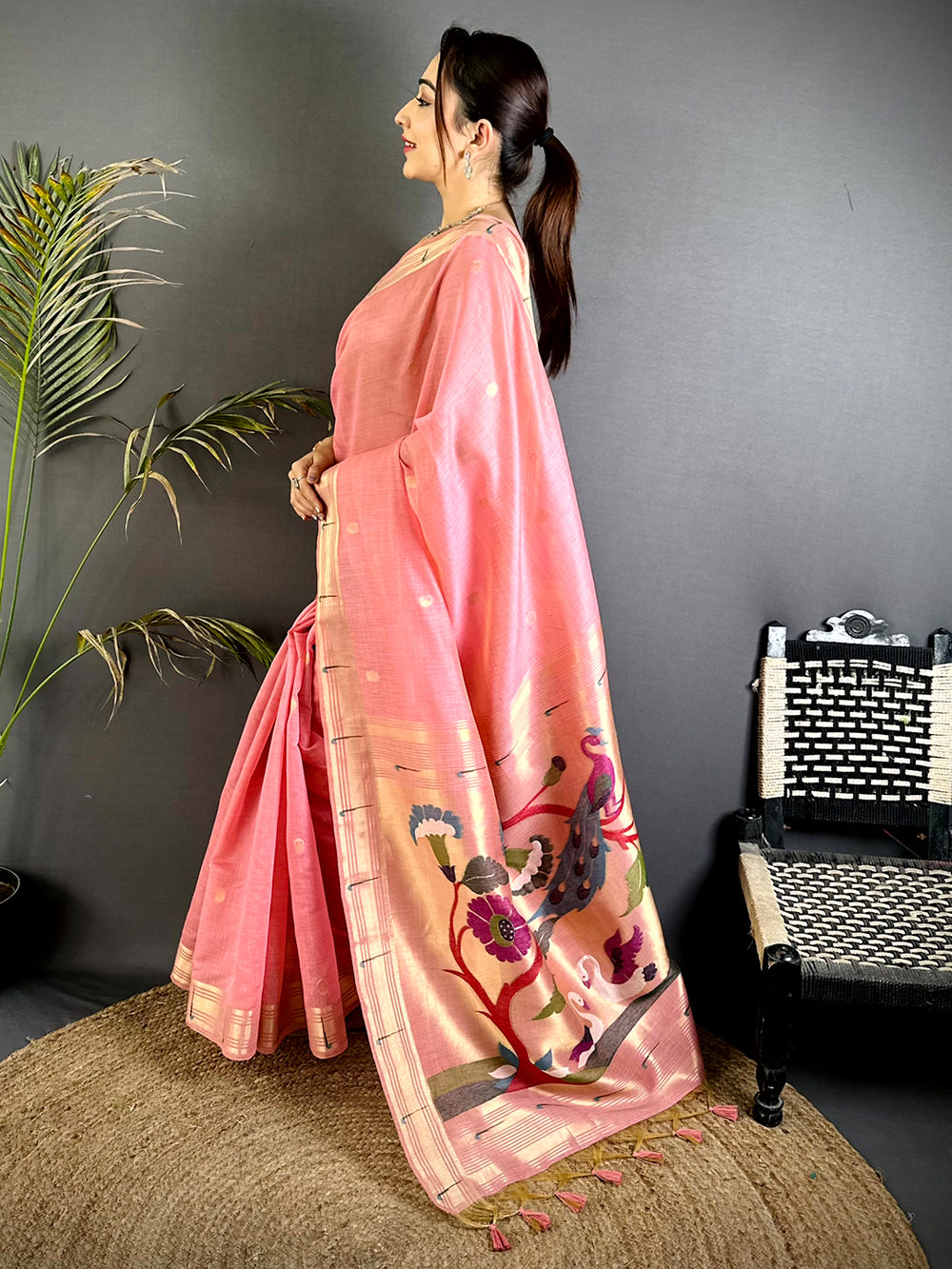 Peach Minakari Grace Khadi Linen Saree