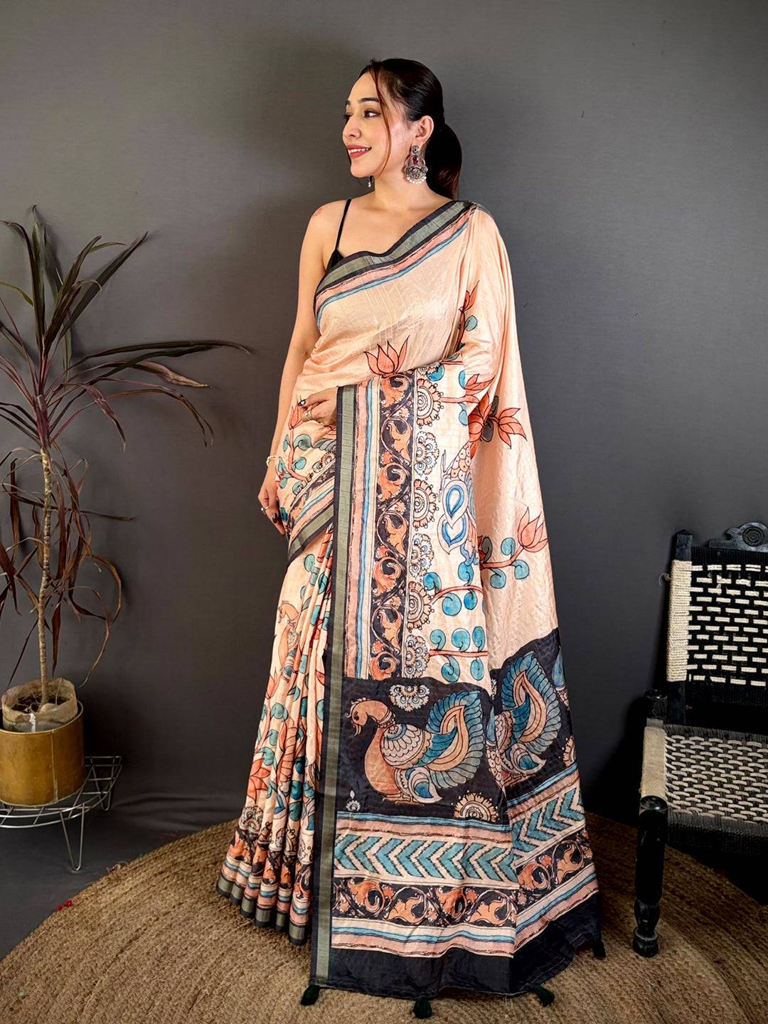 Radiant Kalamkari Lotus Tussar Saree