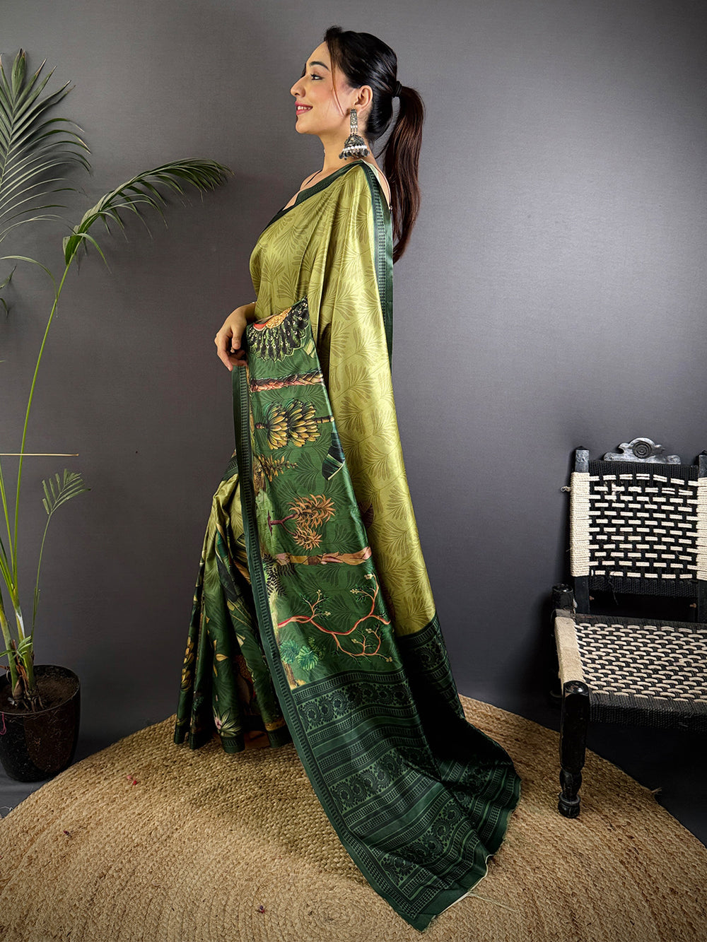 Vibrant Green Soft Dola Silk Printed Saree