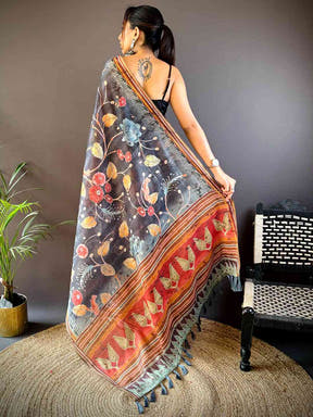 Black Tissue Chanderi Kalamkari Saree