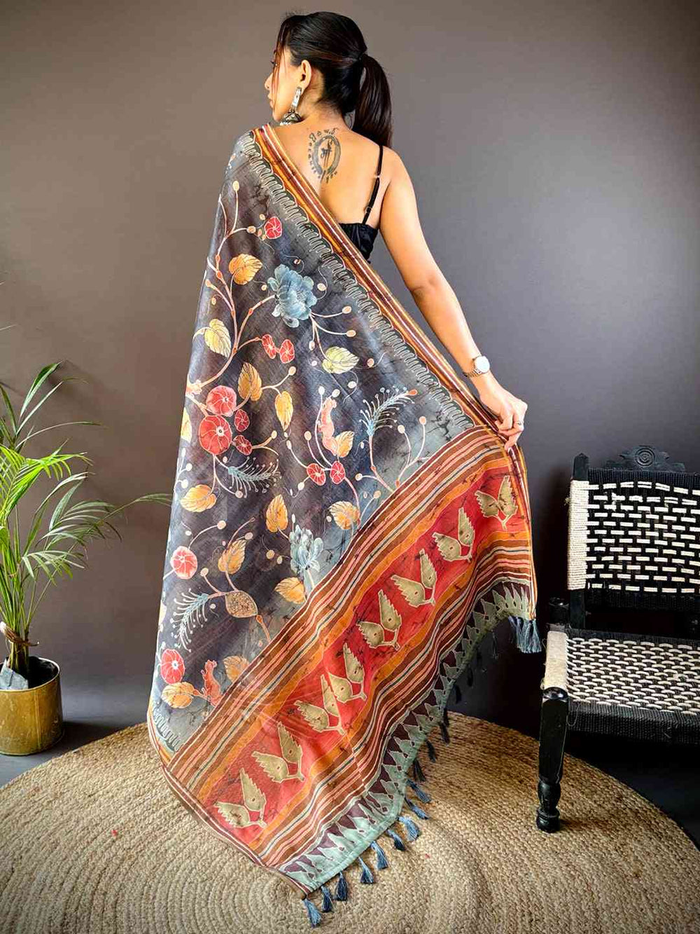 Black Tissue Chanderi Kalamkari Saree