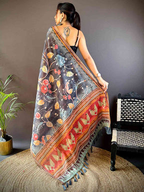 Black Tissue Chanderi Kalamkari Saree