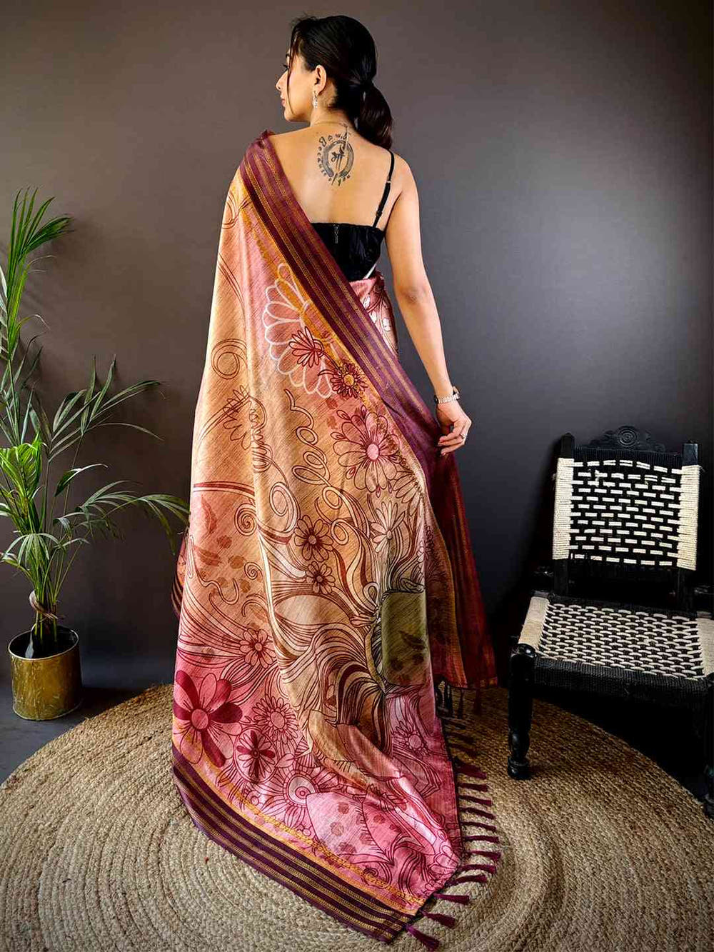 Peach Soft Silk Abstract Geometric Saree
