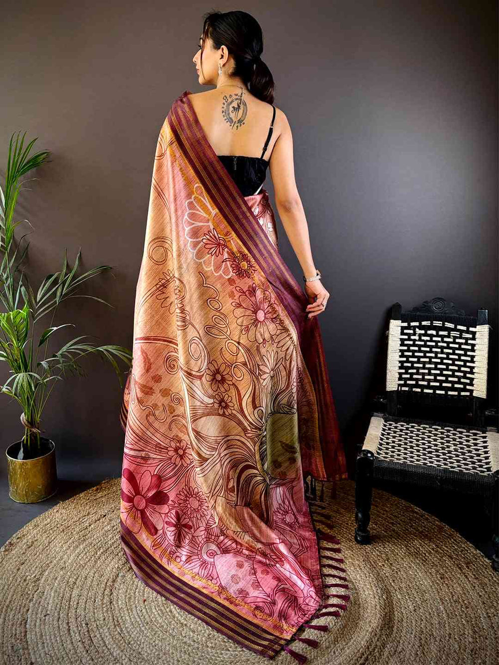 Peach Soft Silk Abstract Geometric Saree