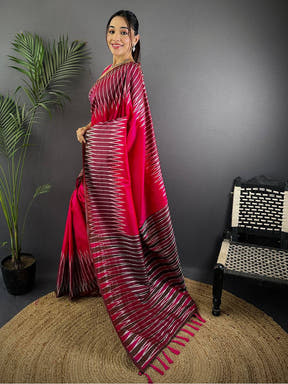 Pink Soft Silk Ikkat Zari Weaving Saree