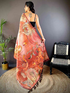 Flame Red Semi Zari Tussar Botanical Saree