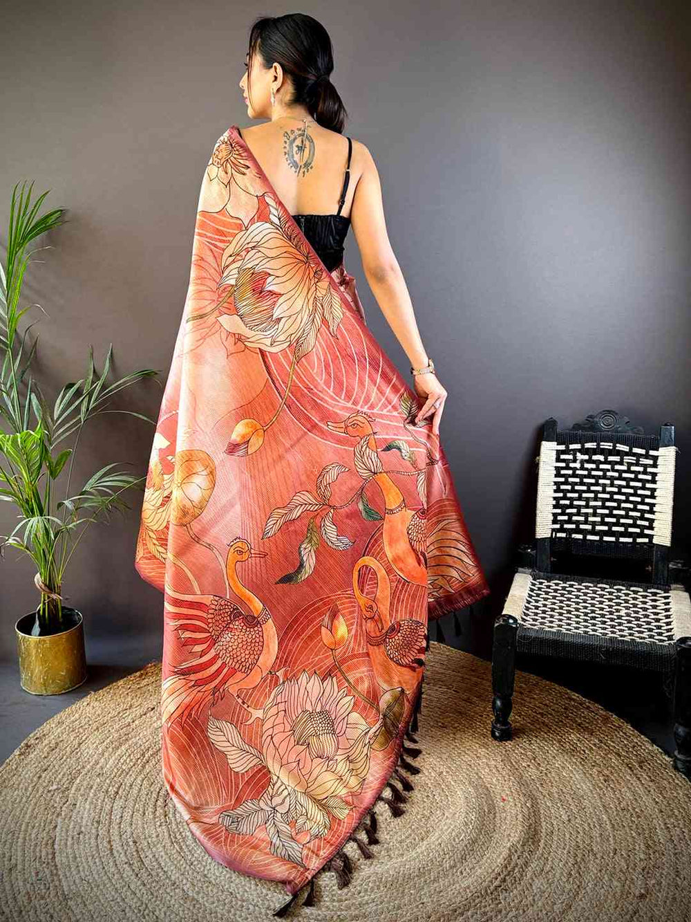 Flame Red Semi Zari Tussar Botanical Saree