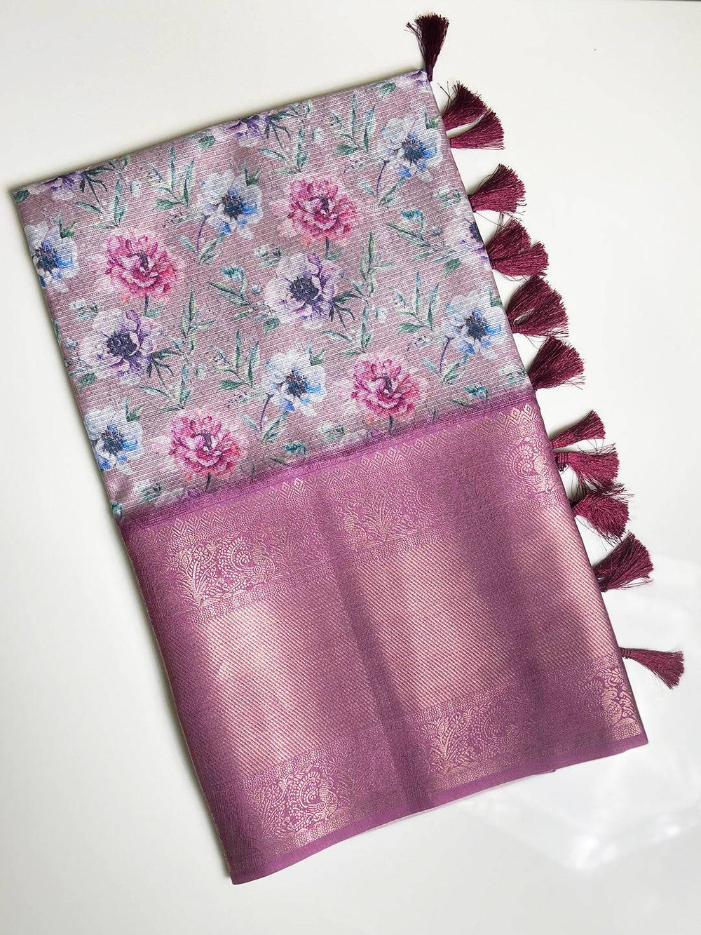 Elegant floral print Kota Doriya saree with Kanjivaram border