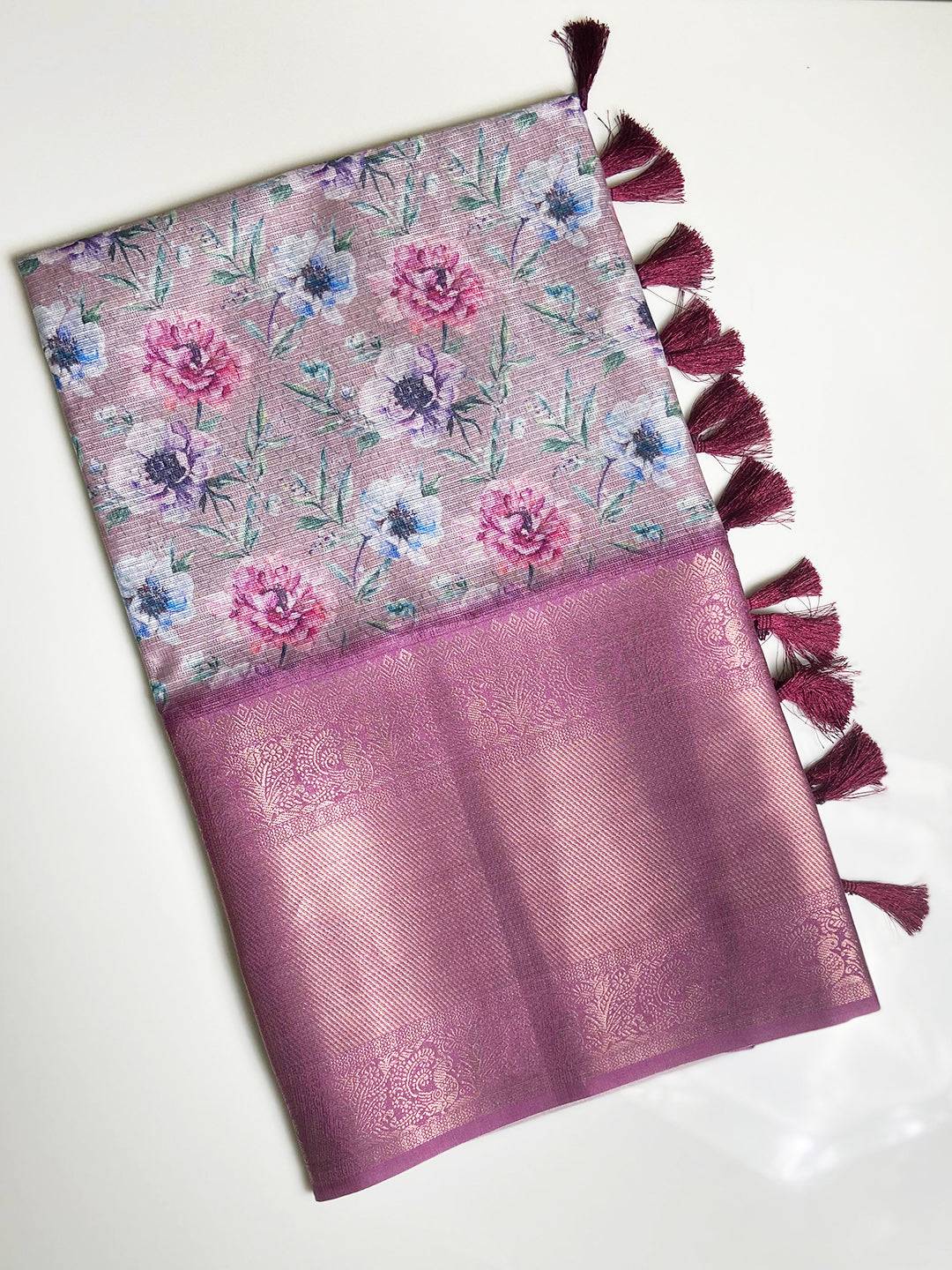 Elegant floral print Kota Doriya saree with Kanjivaram border