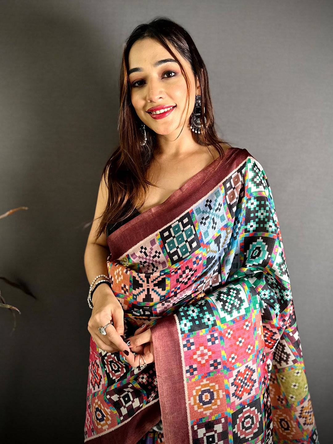 Multi Geometric Patola Ikkat Tussar Saree