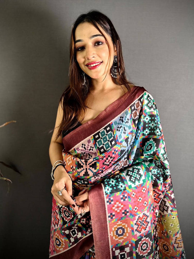 Multi Geometric Patola Ikkat Tussar Saree