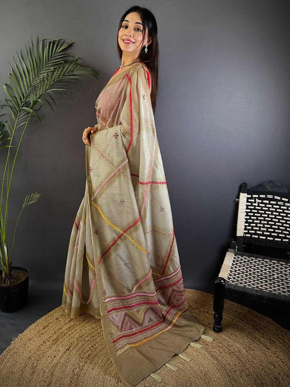 Pure Katha Stitch Tussar Silk Saree