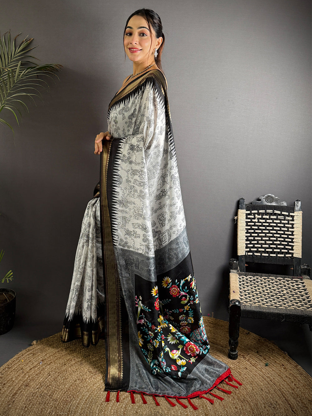 Black Pen Kalamkari Printed Dola Silk Saree