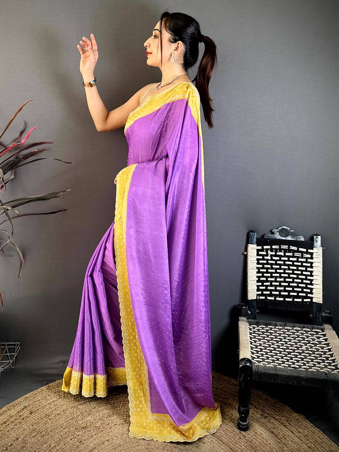 Purple Poly Chiffon Diamond Stone Work Saree