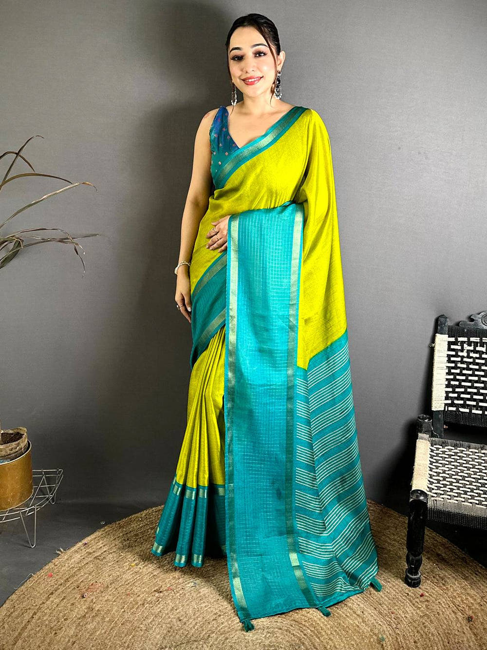 Lime Soft Kota Crepe Contrast Border Saree