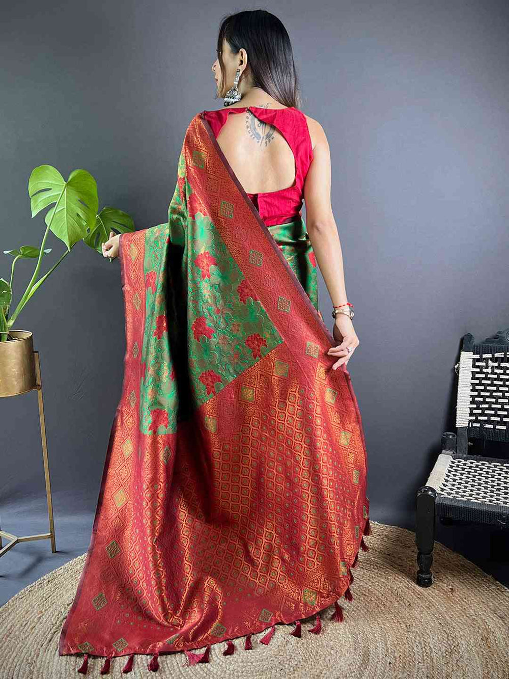 Back view of Forest Green Soft Silk Butta Weaving Saree