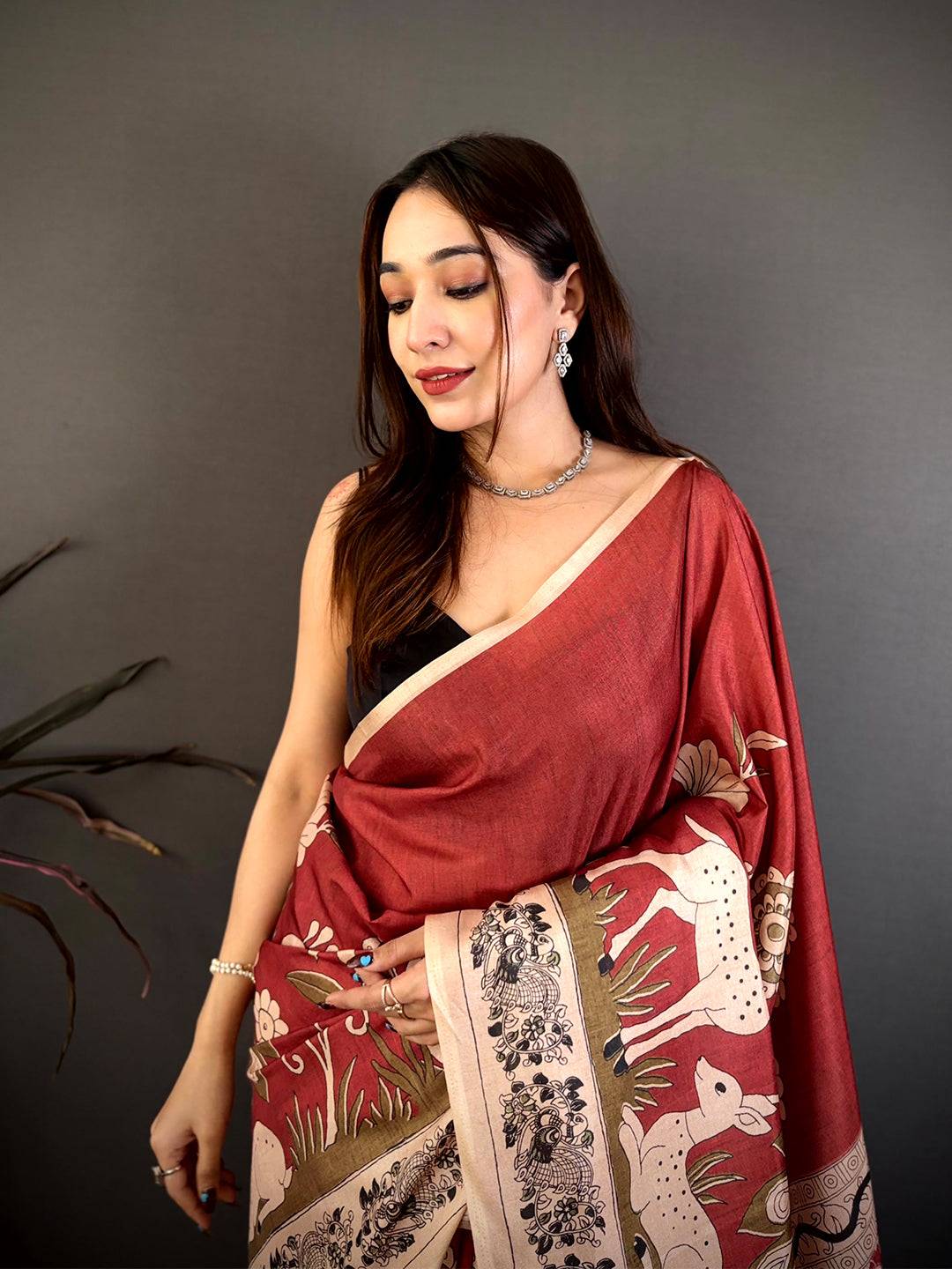 Classic Maroon Printed Soft Tussar Saree