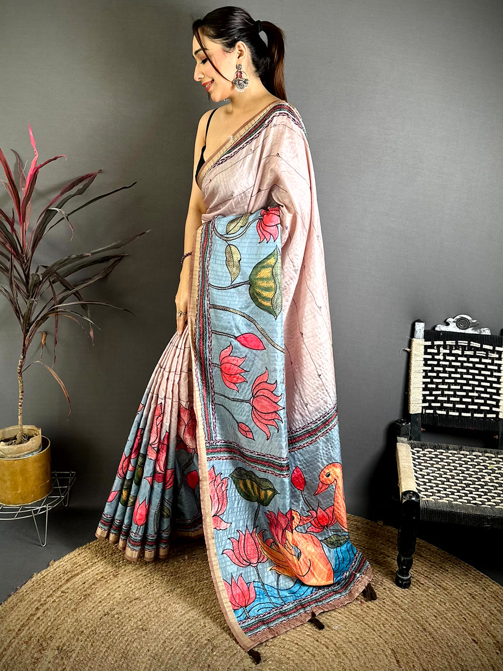 Radiant Madhubani Katha Effect Tussar Saree