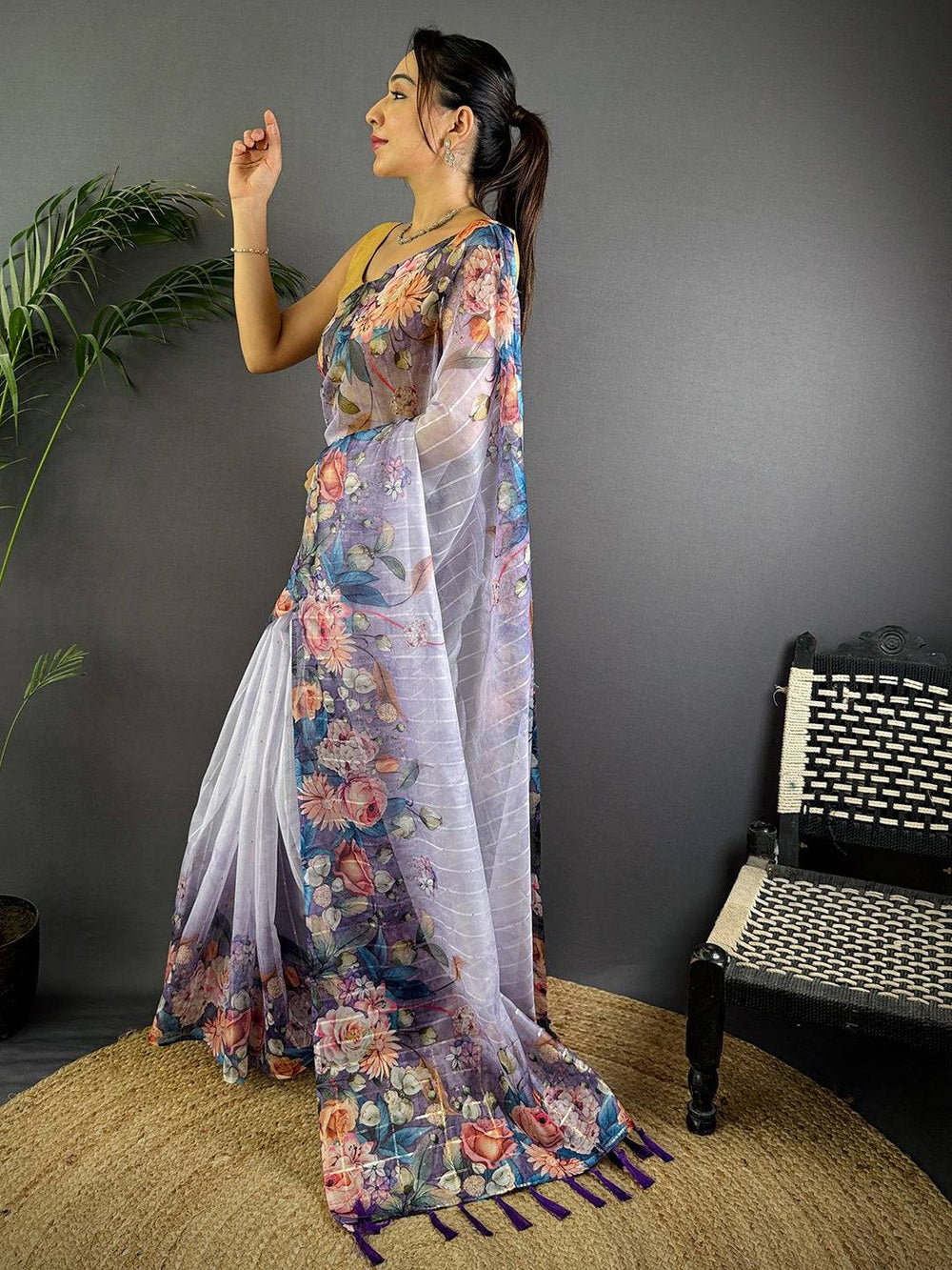 Light Purple Soft Organza Digital Floral Saree
