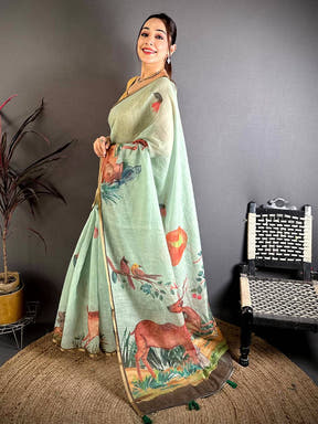 Mint Green Animal Print Linen Chanderi Saree



