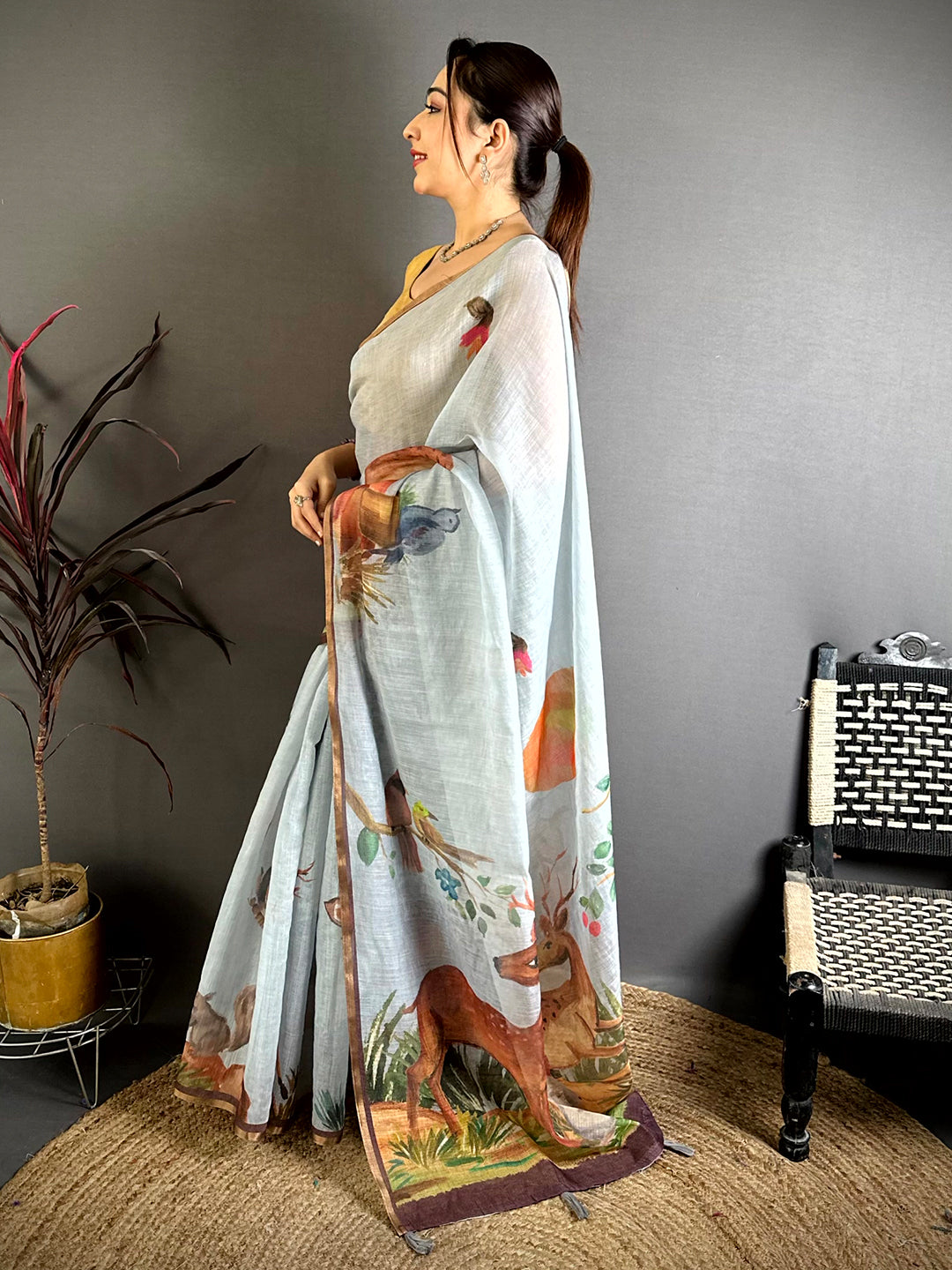 Grey Animal Print Linen Chanderi Saree