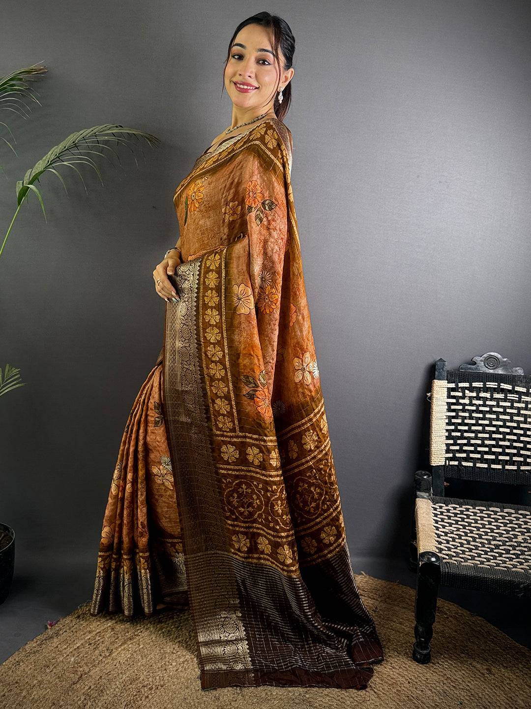 Copper Pure Viscose Floral Printed Saree
