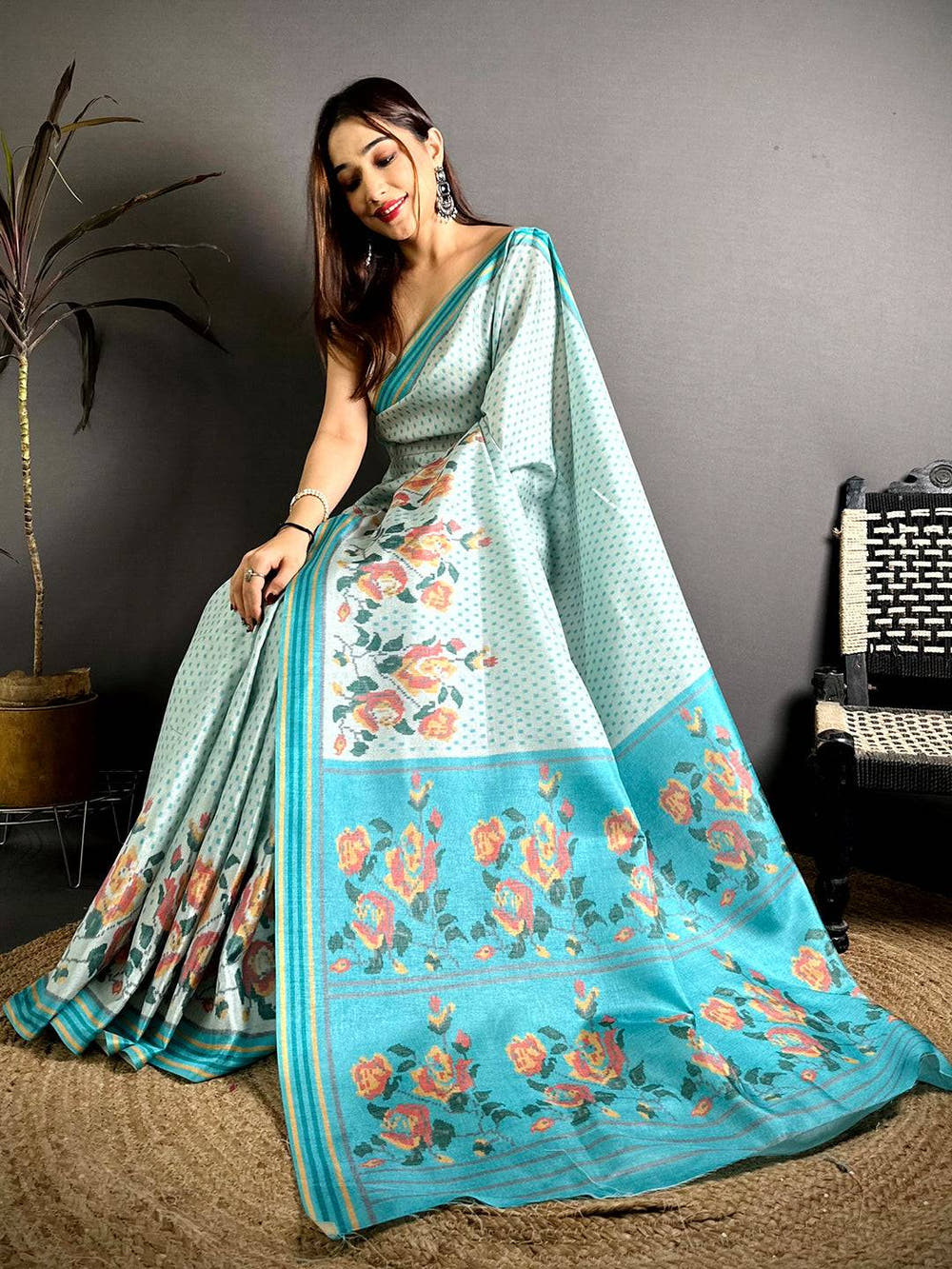 Artistic Ikkat Floral Print Tussar Saree