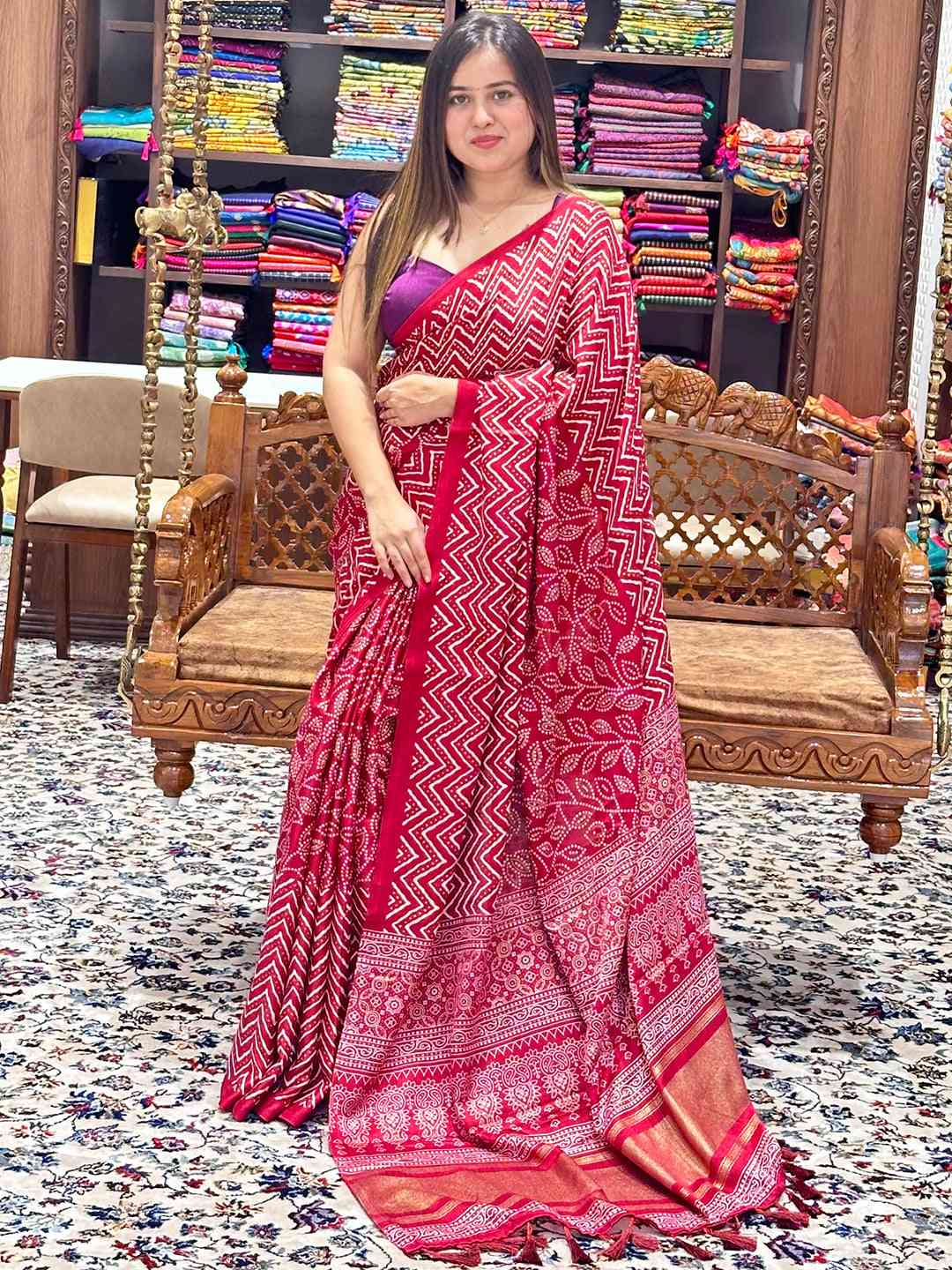Elegant Manipuri silk saree in red with detailed foil patterns