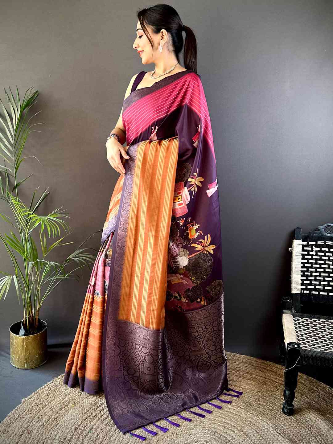 Dark Pink Soft Crep Silk Ombre Print Saree
