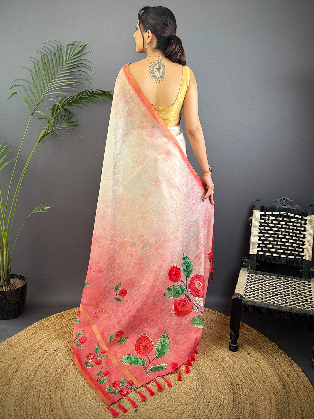Red Linen Chanderi Floral Print Saree