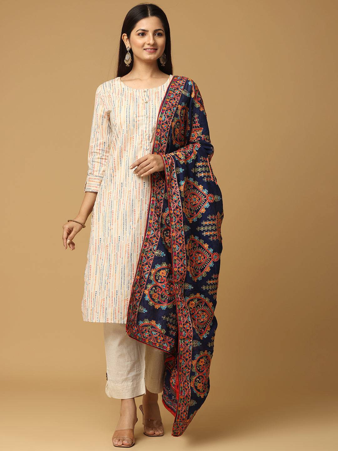 Front view of Navy Poly Chiffon Pashmina Dupatta