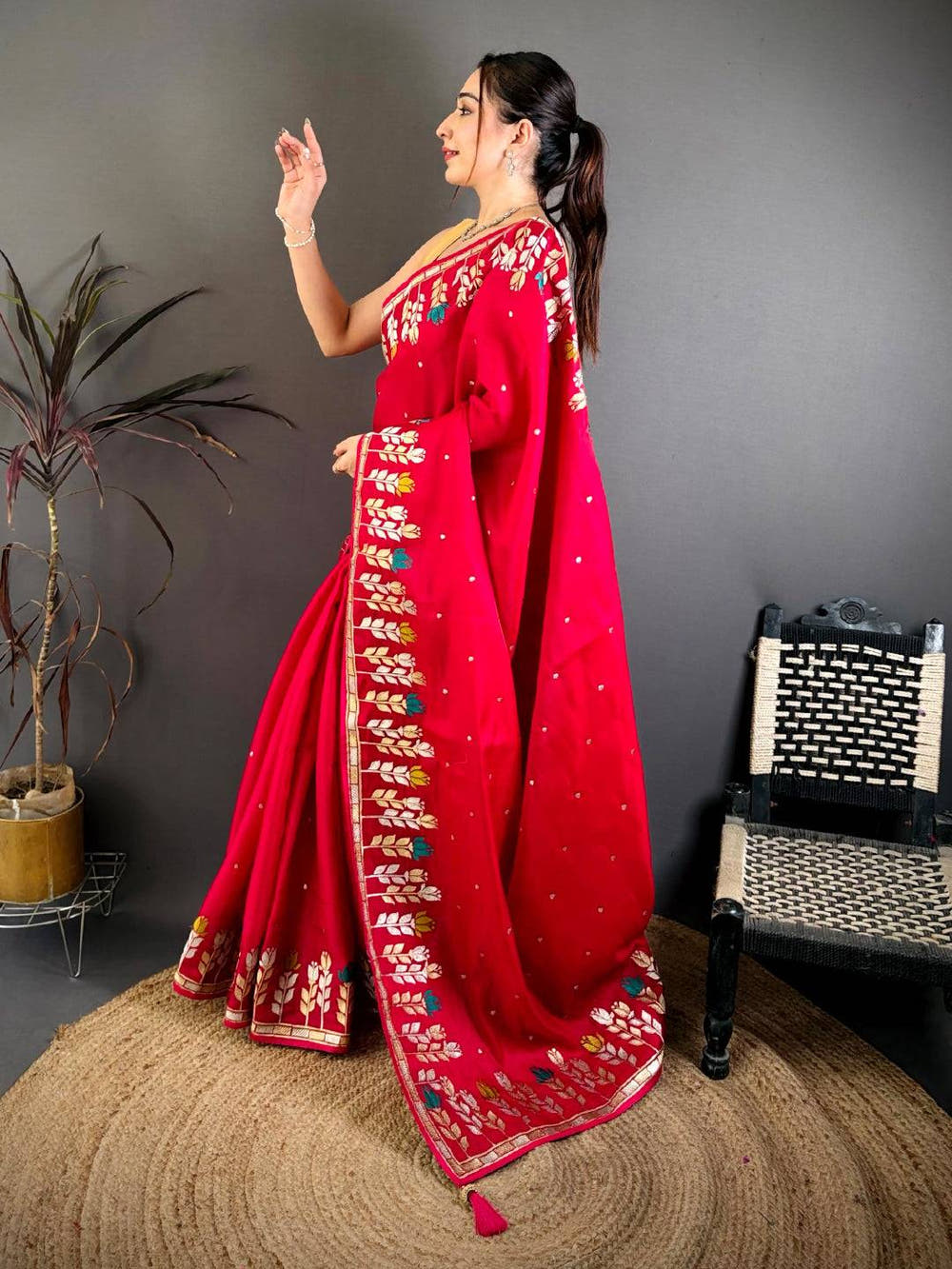 Red Soft Satin Minakari Aari Work Saree