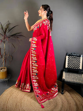 Red Soft Satin Minakari Aari Work Saree