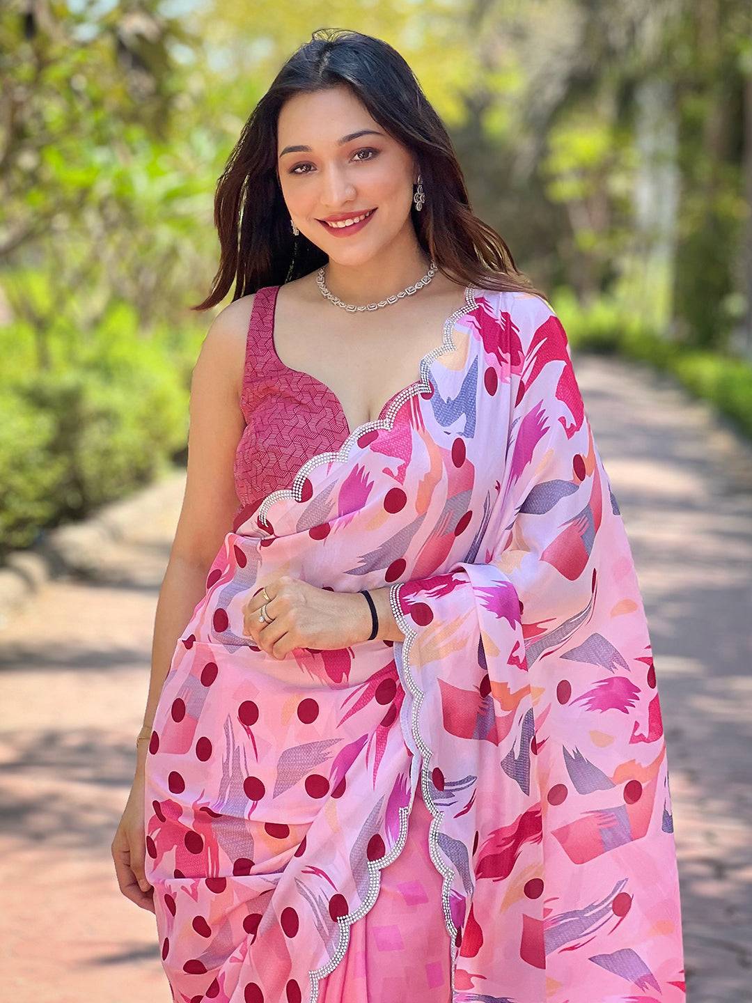 Pink Batik and Polka Dots Print Saree, outdoor setting