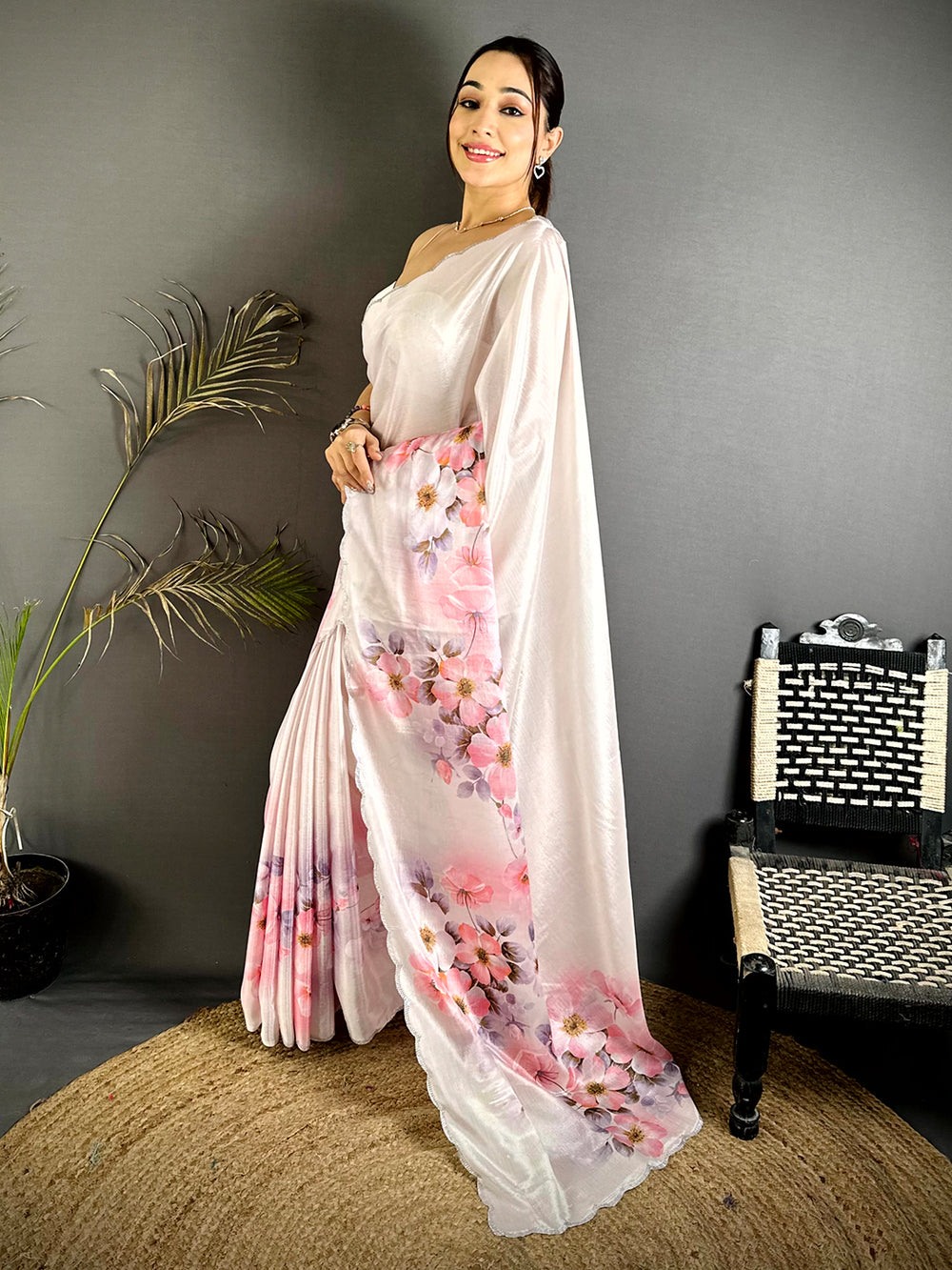 Classic Floral Print Chiffon Saree