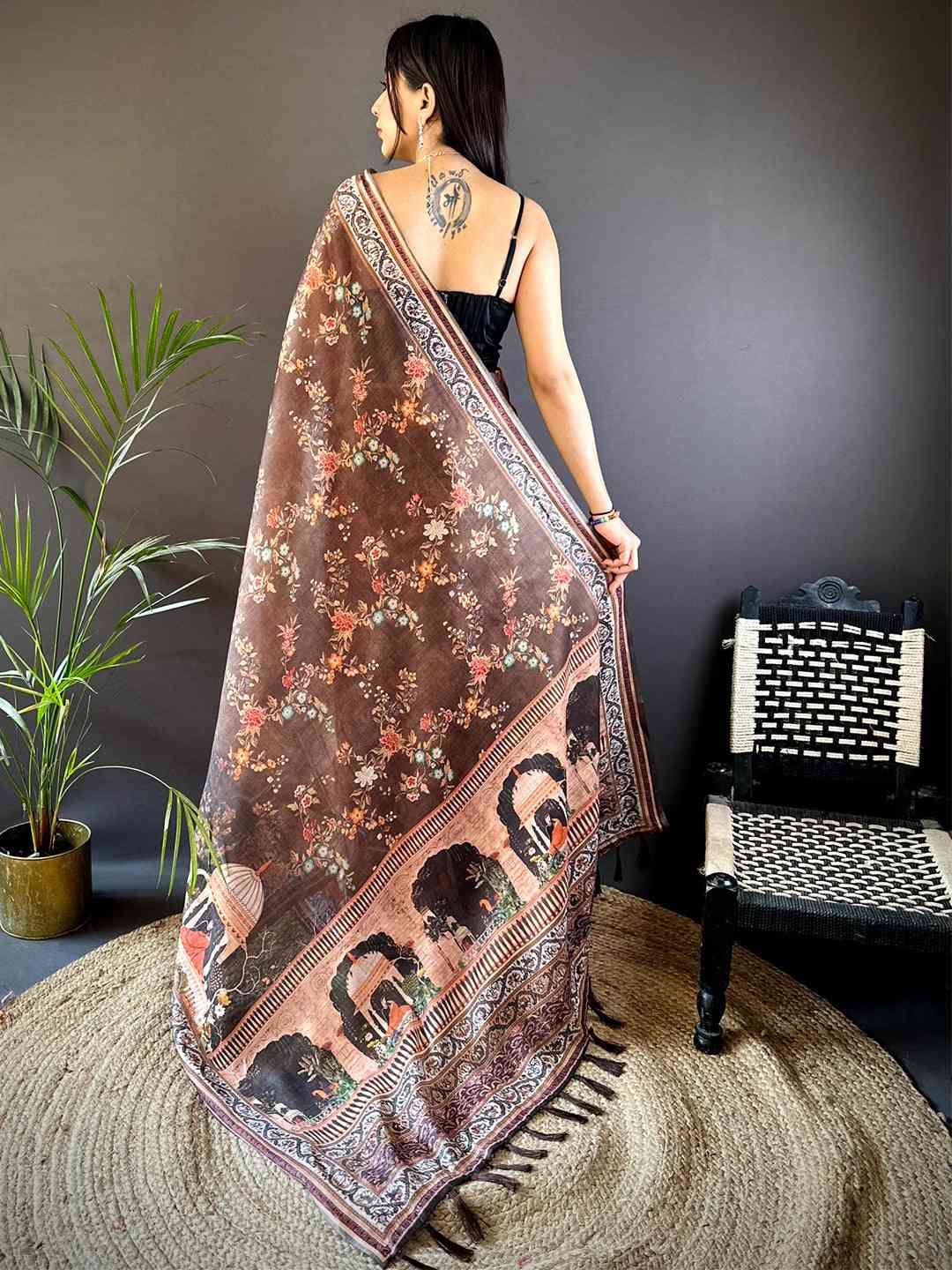 Coffee Brown Tissue Chanderi Kalamkari Handprint Saree