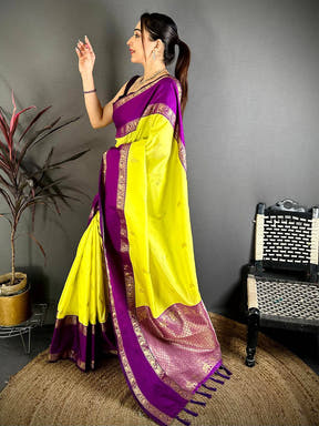 Regal Yellow Gadwal Pure Soft Silk Saree
