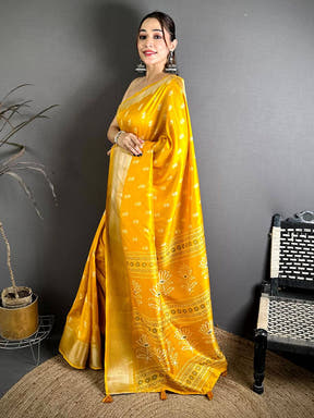 Mustard Dola Block Print Zari Border Saree